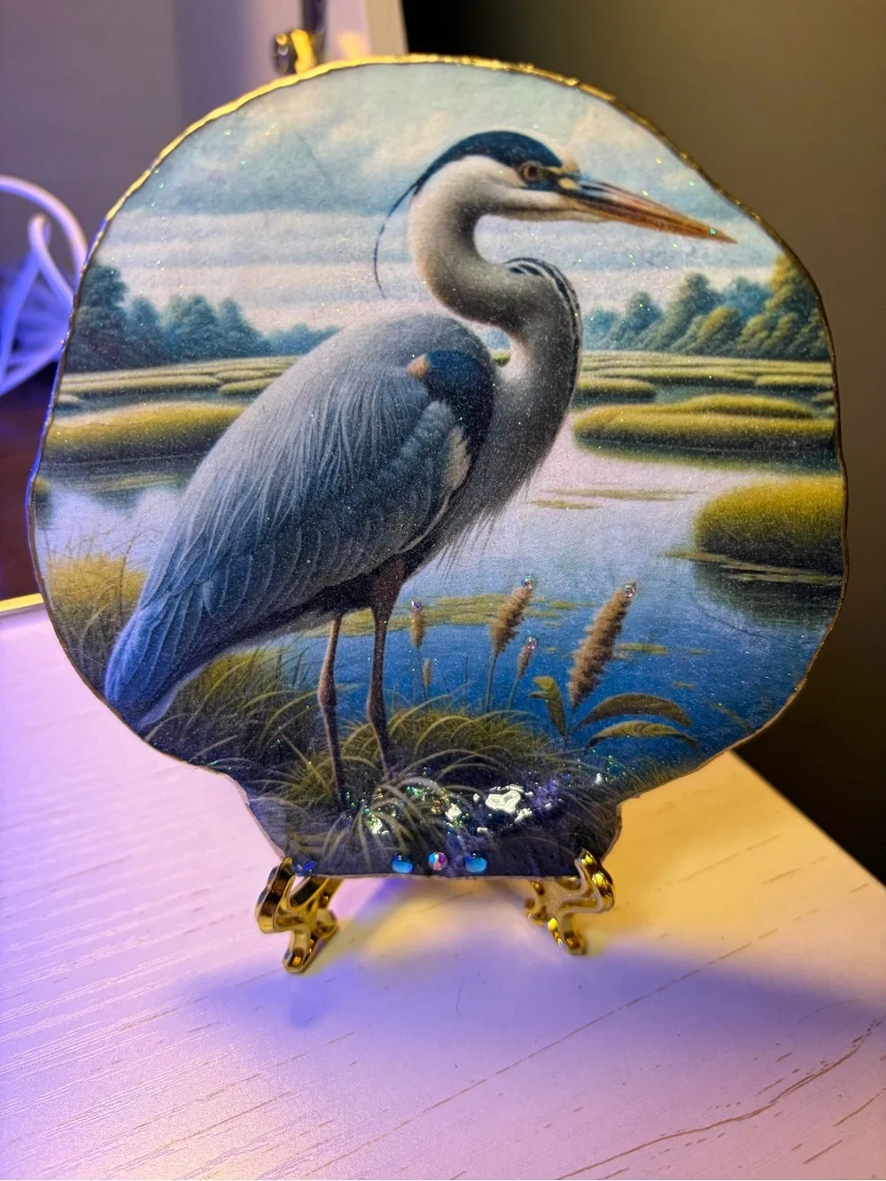 Handcrafted decoupage Blue Heron Decorative scallop Shell with Stand